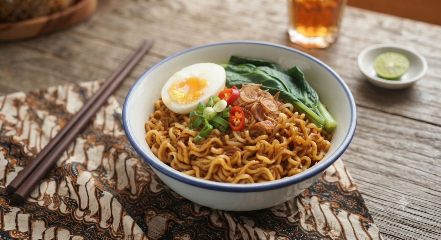 Indomie goreng dengan kombinasi tambahan telur dan sayuran