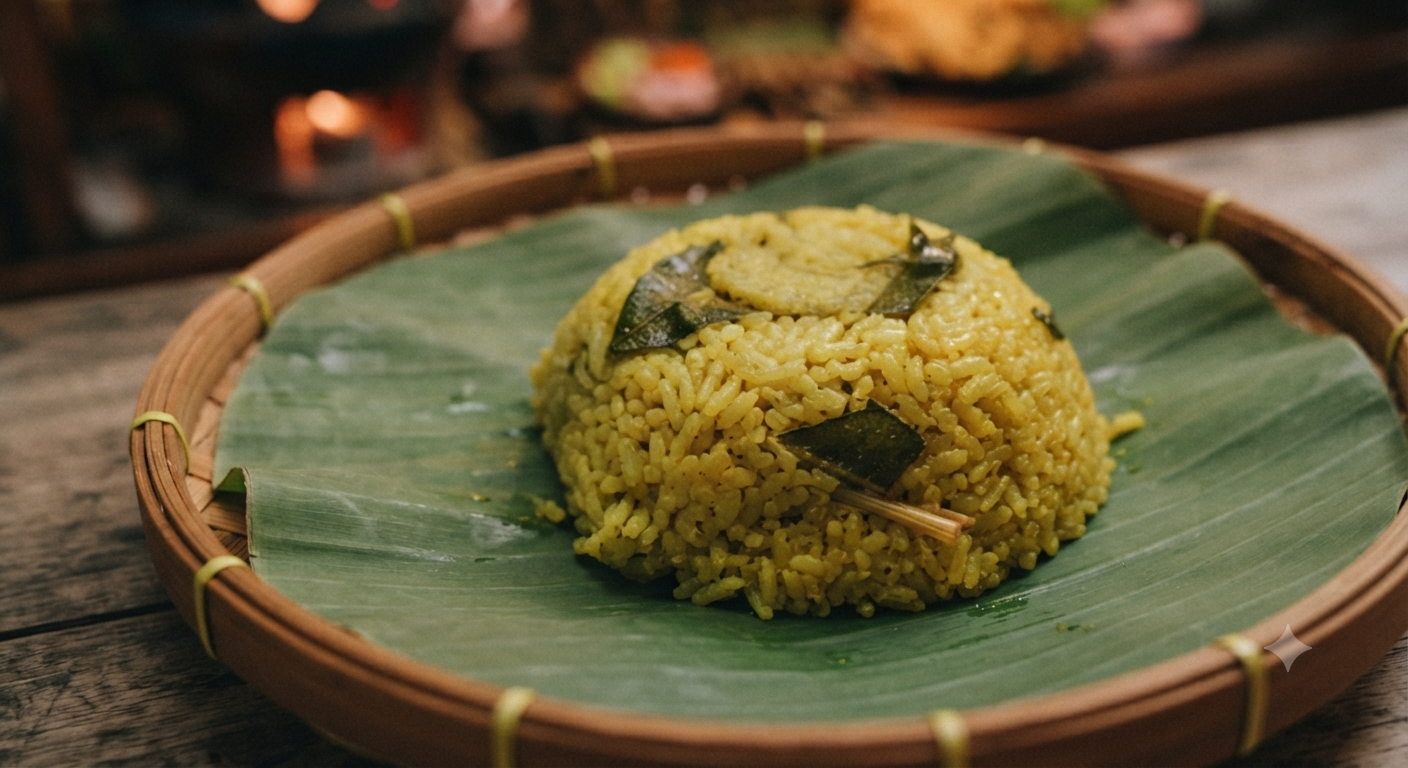 Nasi Kuning gurih dengan daun jeruk yang menimbulkan wangi Khas